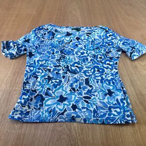 Lauren Ralph Lauren XL Blue Floral Top Cotton Stretch Short Sleeve Shoulder Zip